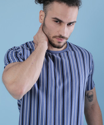 CAMPUS SUTRA Striped Men Round Neck Dark Blue, White, Black T-Shirt