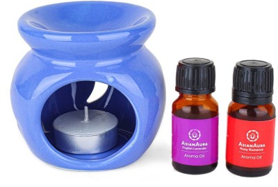 Asian Aura Aroma Oil Burner Moon Cut Shape with 1 Candle & 2 Fragnance oil (English Lavender,Rosy Romance) Gift Set for Home Fragnance, Blue Diffuser Set(10 ml)