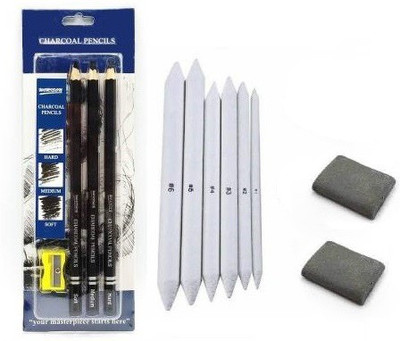 SHOP UNKLE WORISONN BLACK CHARCOAL PENCIL SET WITH BLENDING PAPER STUMPS SET & 2PCS OF ARTISTS KNEADABLE ERASER COMBO SKETCHING KIT FOR ARTISTS
