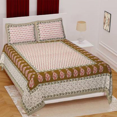 Indian Royal Fashion Cotton Double Flat 144 TC Jaipuri Prints Bedsheet(Pack of 1, Brown)