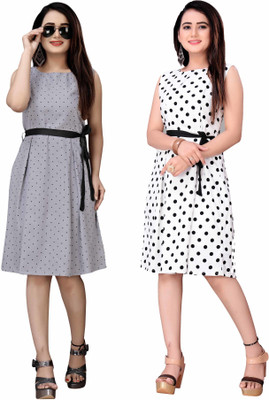 Hiral Creation Women Skater Grey, White Knee Length Dress