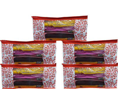 saavi creation designer garment cover Red Leaf And Flower Printed Non Woven Saree Cover Wardrobe Organiser Set Of 5 Piece redleaf005(Red and White)