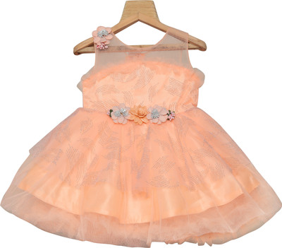A Little Swag Girls Midi/Knee Length Casual Dress(Orange, Sleeveless)