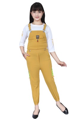 AJEO Fashion Dungaree For Girls Casual Solid Cotton Blend(Yellow, Pack of 1)
