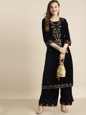 Shae by SASSAFRAS Women Embroidered Straight Kurta(Dark Blue)