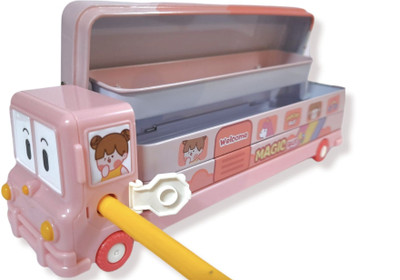 Stakipo Unicorn Space Magic Bus Integrated Sharpner | Multi compartment Art Metal Pencil Box(Set of 1, Pink)