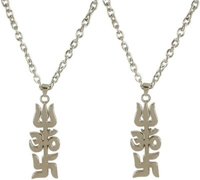 Uniqon (Set Of 2 Pcs) Unisex Metal Stylish & Fancy Silver Plated Mahadev Bolenath Mahakaal Lord Shiva Shankar Om Satya With Trishul Swastik Or Shubh-Labh Locket Pendant Necklace With Chain Religious Spiritual Jewellery Set Metal