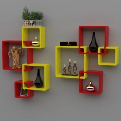 KHUSUBHDECOR wooden attach 8 shelf yellow red Wooden Wall Shelf(Number of Shelves - 8, Yellow, Red)