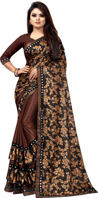 ENCLIQ Floral Print Bollywood Lycra Blend Saree(Brown)