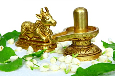 aalayam selveer Brass Shivling With Nandi(Brass Shivling With Nandi, Brass Shiva Lingam With Nandi) - 1 No Brass Shivling + 1 Brass Nandi Combo Pack Decorative Showpiece  -  8.5 cm(Brass, Gold)