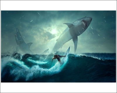 Sahaj Décor 80 cm fish wallpaper swimming whale shark picture blue shark swimming men swimmimg blue water shark size [ 80x50 cm ] Self Adhesive Sticker(Pack of 1)