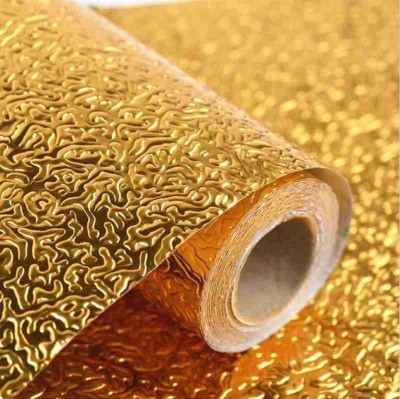 Parulenter 60 cm 60CM X 200CM Kitchen Oil Proof Aluminium Foil Stickers, Self-Adhesive Wall Sticker Waterproof Anti-Mold and Heat Resistant, Kitchen Backsplash Wallpaper. (Golden Flower) Reusable Sticker(Pack of 1)