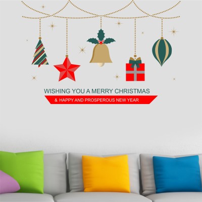 Decor studio 59 cm Merry christmas and happy new year wishes multicolor pvc vinyl wall sticker Self Adhesive Sticker(Pack of 1)