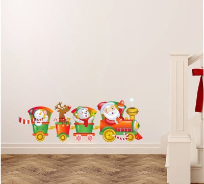 Decor studio 31 cm Joy train with cartoon santa claus multicolor pvc vinyl wall sticker Self Adhesive Sticker(Pack of 1)