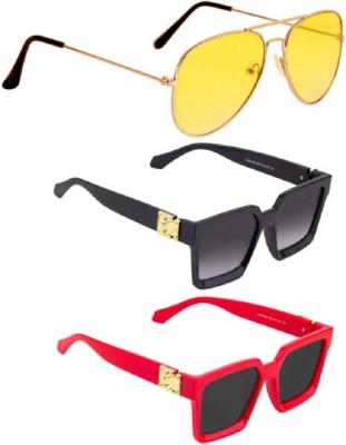 shadz Retro Square, Rectangular, Aviator Sunglasses(For Men & Women, Black, Grey, Yellow)