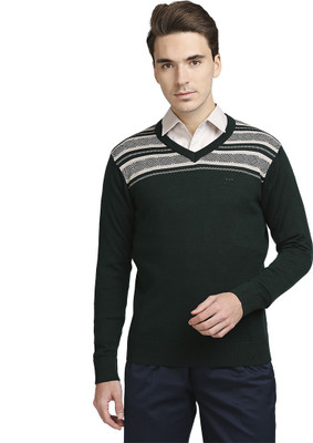 COLORPLUS Striped V Neck Casual Men Green Sweater