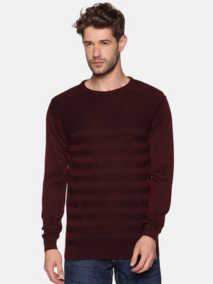 SHOWOFFFF Striped Round Neck Casual Men Maroon Sweater