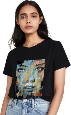 Baggyrain Graphic Print Women Round Neck Black T-Shirt