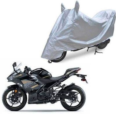 Oshotto Waterproof Two Wheeler Cover for Kawasaki Dust and Water Proof Double Mirror Pocket Silvertech Bike Body Cover for Hero Duet(Ninja 400, Silver)