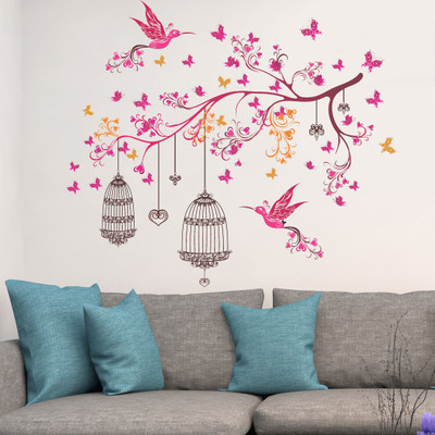 walkart 100 cm Wall Sticker-Pink Colour Branch And Birds With Nest Self Adhesive Sticker(Pack of 1)