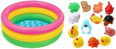 littlewish Inflatable 2 Feet Swimming Pool Baby Bath Tub and Squeeze 12 Pcs Chu Chu Sound Bath Toy Set for Kids (2 FEET & 12PC CHU CHU) Bath Toy(Multicolor)