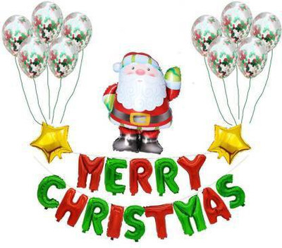 decokart Christmas combo with confeeti .14 pc merry christmas foil balloon,2 stra,1 santa clause foil,10 confeeti balloon. pack of 27