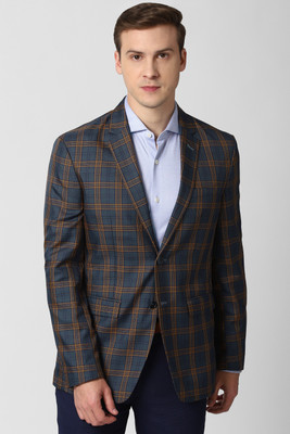 PETER ENGLAND Checkered Single Breasted Formal Men Blazer(Blue)