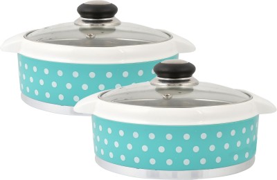 KUBER INDUSTRIES Dot Printed Inner Steel Casserole With Toughened Glass Lid, 1500ml- Pack of 2 (Green)-HS42KUBMART25003 Pack of 2 Serve Casserole Set(1500 ml)