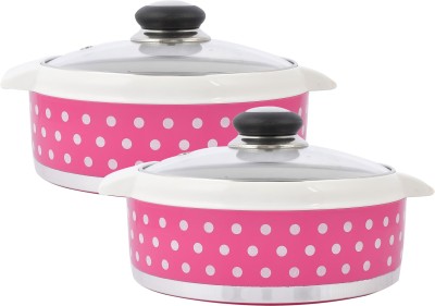 KUBER INDUSTRIES Dot Printed Inner Steel Casserole With Toughened Glass Lid, 1500ml- Pack of 2 (Pink)-HS42KUBMART25007 Pack of 2 Serve Casserole Set(1500 ml)