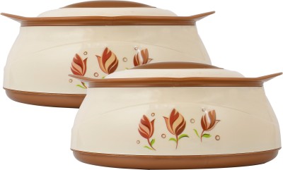 KUBER INDUSTRIES Floral Printed Inner Steel Casserole With Lid, 2500ml- Pack of 2 (Cream & Brown)-HS42KUBMART25039 Pack of 2 Serve Casserole Set(2500 ml)