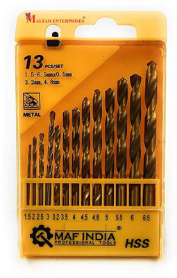 MALFAH ENTERPRISES MAF HSS Twisted Drill Bit Set 13 Pcs High Speed Steel Woodworking Twist Drill Bit Tool Set 1.5-6.5mm Twisted Drill Bit Set 13 Pcs