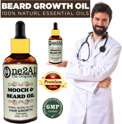One2ALL NEW TECHNOLOGY Massage The Oil on The Skin Underneath the Beard MOOCH & BEARAD OIL -11x Oils Blend For Beard Repair & Growth Hair Oil 1 Piece. With BLACK SEED OIL or Vitamin-E, Moroccan Aragon Oil & Thyme oil or Tea Tree Oil. Take Desired Quantity on Palm Hair Oil(30 ml)