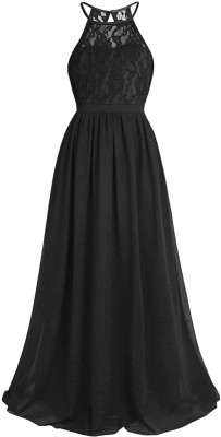 PINK WINGS Girls Maxi/Full Length Casual Dress(Black, Sleeveless)