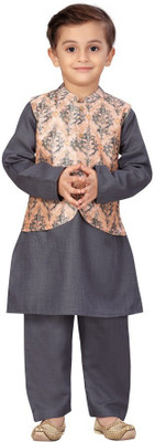 Vamas-The Designer Blouses Boys Casual Kurta, Waistcoat and Pyjama Set(Grey Pack of 1)