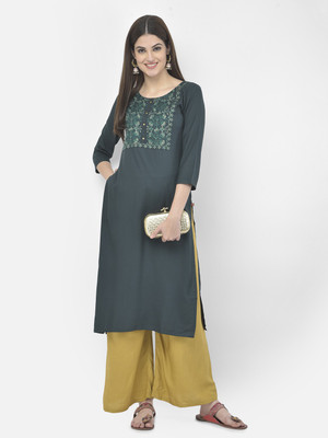 Span Women Embroidered Straight Kurta(Green)