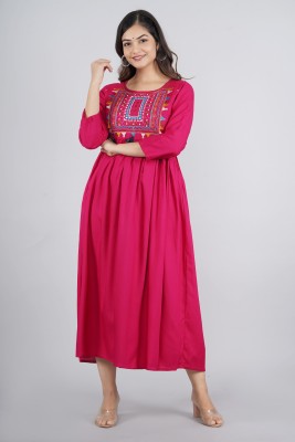 Nav Nitya Fashion Women Embroidered Flared Kurta(Pink)