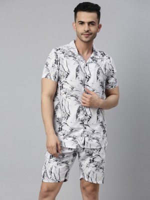 Bushirt Men Printed White, Black Top & Shorts Set