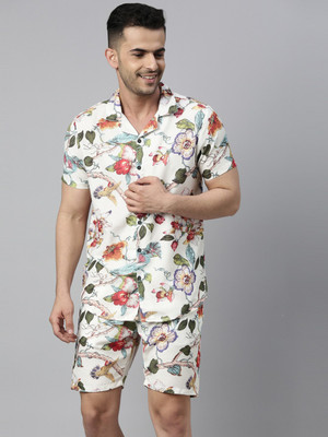 Bushirt Men Printed White Night Suit Set