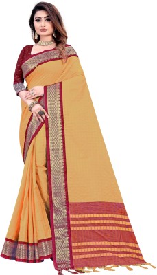 Hensi sarees shop Checkered Banarasi Cotton Silk Saree(Beige)