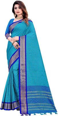 Hensi sarees shop Checkered Kanjivaram Silk Blend, Cotton Silk Saree(Dark Blue, Light Blue)