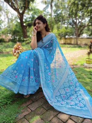 jol foring Woven Jamdani Cotton Silk Saree(Light Blue)