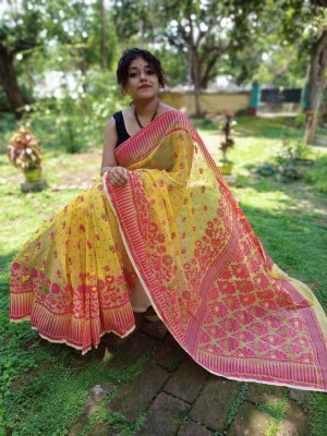 jol foring Printed Jamdani Cotton Silk Saree(Yellow, Pink)