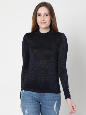 VERO MODA Solid High Neck Casual Women Dark Blue Sweater