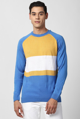 PETER ENGLAND Colorblock Round Neck Casual Men Light Blue Sweater