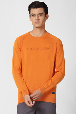 PETER ENGLAND Self Design Round Neck Casual Men Orange Sweater