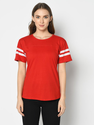 Yes'No Striped Women Round Neck Red T-Shirt
