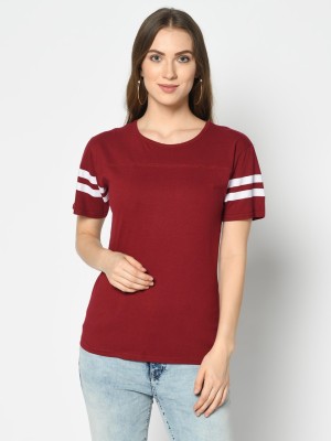 Rebound Striped Women Round Neck Maroon T-Shirt