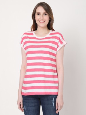 VERO MODA Striped Women Round Neck Pink T-Shirt