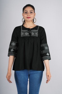 TRENDS WOW Casual Embroidered Women Black Top