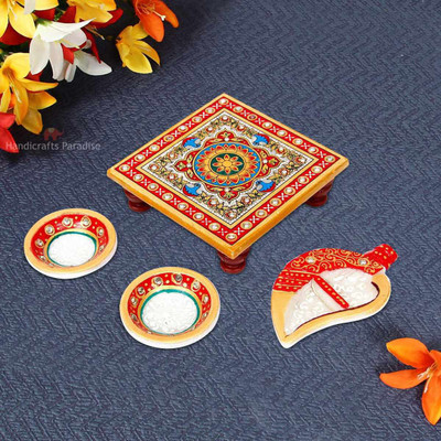 Handicrafts Paradise Handicrafts Paradise Marble Peacock Puja Chowki With shankh Chopra and Diya , 4 Pcs Marble Pooja Chowki(Multicolor, Pack of 4)